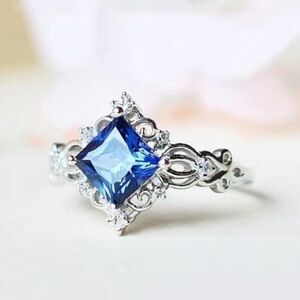 925 Silver Plated Blue Cubic Zirconia Ring Silver Color Fine Jewelry